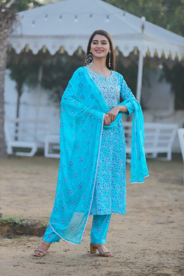 Blue Rayon Kurti Set with Pant and Dupatta