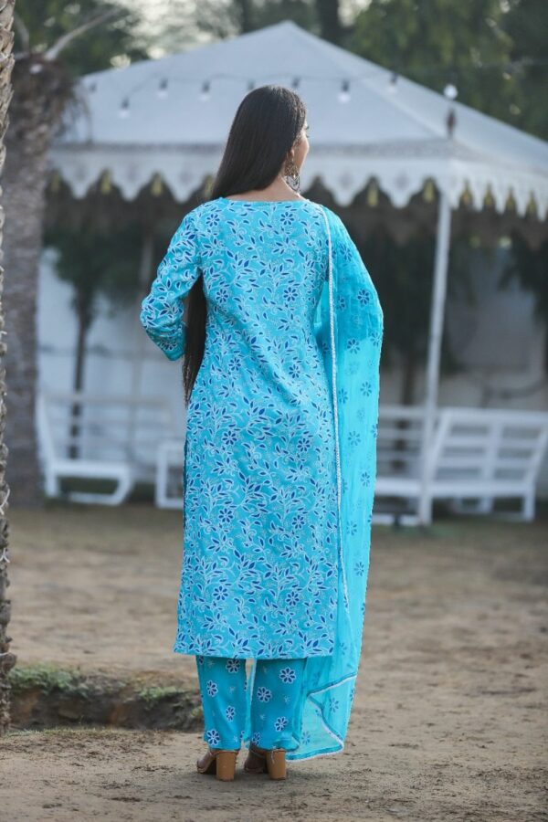 Blue Rayon Kurti Set with Pant and Dupatta - Image 2