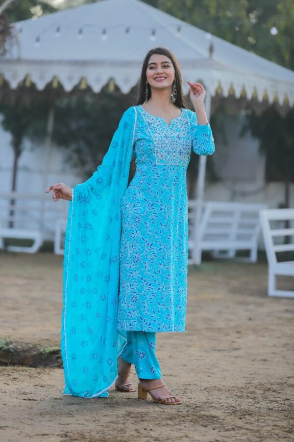 Blue Rayon Kurti Set with Pant and Dupatta - Image 3