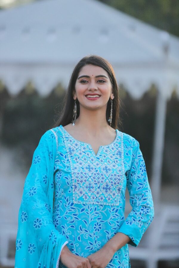 Blue Rayon Kurti Set with Pant and Dupatta - Image 4