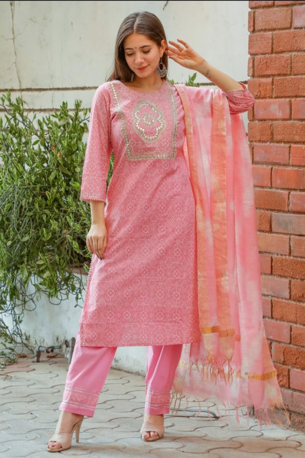 Pink Embroidered Pure Cotton Kurti Pant Set With Dupatta