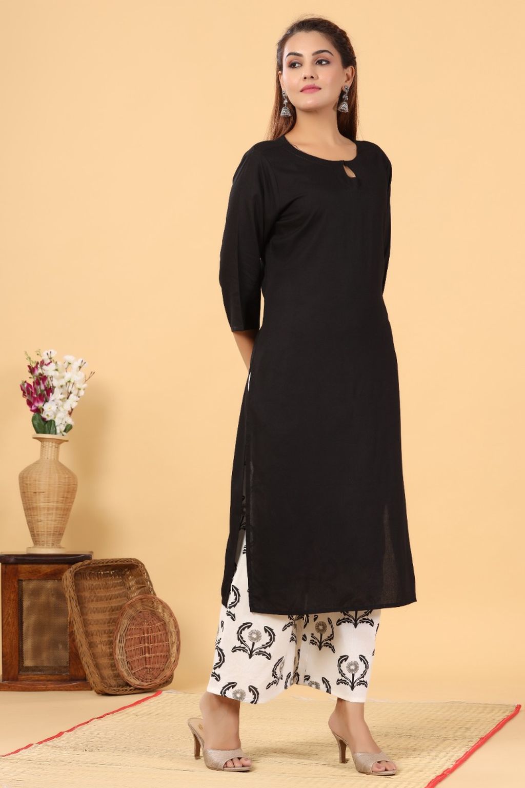 474 INR Black Women s Fashionable Rayon Kurta set with Palazzo