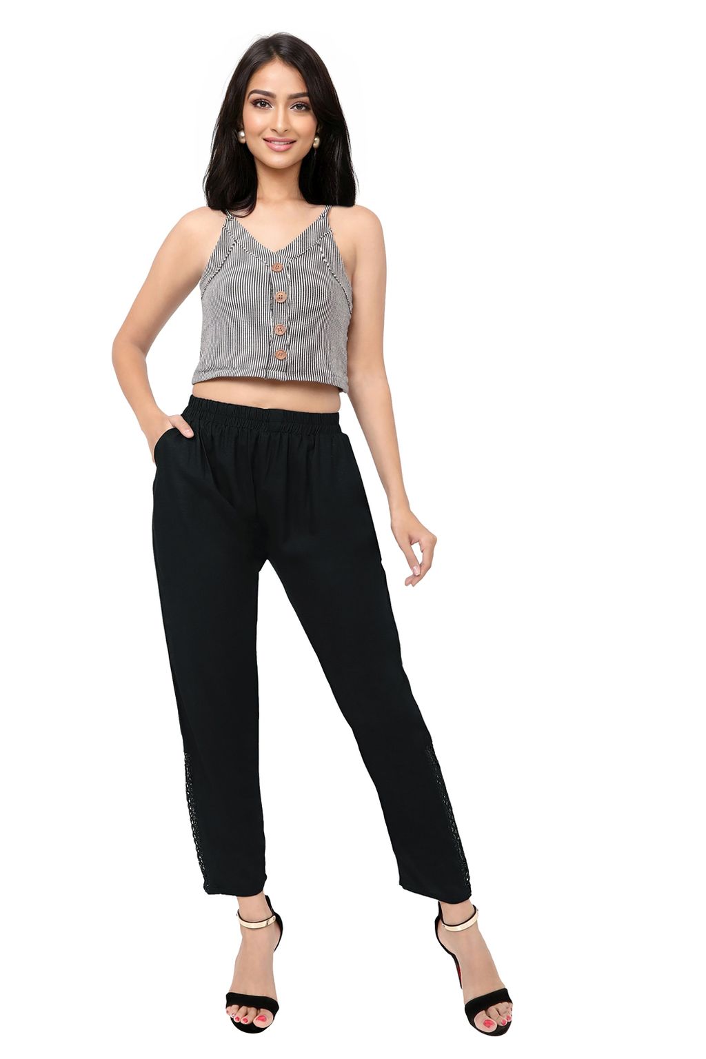 Buy Ailanis Women Black, White Solid Cotton Blend Cigarette Trousers XL  Online at Best Prices in India - JioMart.